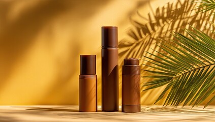 Three amber cosmetic bottles of varying heights stand on a beige surface, backlit by warm yellow light and partially obscured by a palm frond's shadow