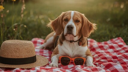 Beagle dog relaxing on a red checkered picnic blanket outdoors, next to a straw hat and sunglasses.