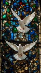 Two white doves fly in front of a colorful stained glass window, wings spread.