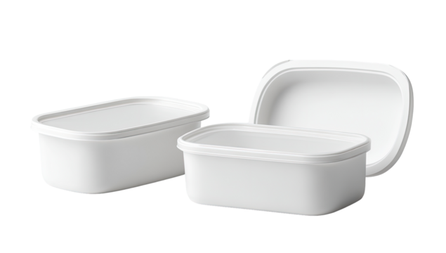 Two white rectangular food storage containers with lids