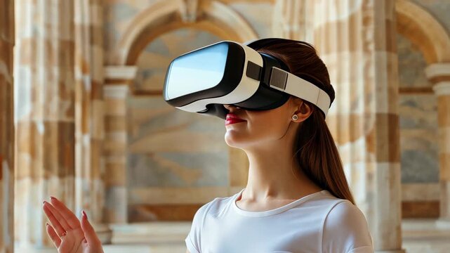 Virtual Reality Exploration: A woman immerses herself in a virtual world through a VR headset, showcasing the immersive experience of modern technology and digital environments.