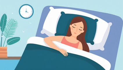 Vector illustration of a young woman sleeping peacefully in bed at night. Calm atmosphere with indoor plant, clock, and soft colors promoting rest, relaxation, and healthy sleep habits.