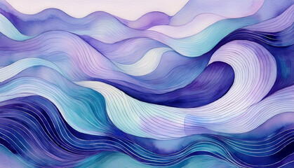 Abstract watercolor illustration of ocean waves in flowing shades of blue, purple, and turquoise. Elegant curved lines evoke movement, calmness, and natural fluidity in a stylized sea scene.