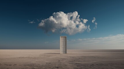 Surreal door stands in empty landscape beneath a single white cloud
