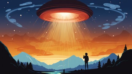 Fototapeta premium UFO flying in the night sky. Flying Saucer. UFO Concept. Extraterrestrial life concept. SCI FI Concept. Alien. Illustration of an alien spaceship. Science Fiction Concept with Copy Space.