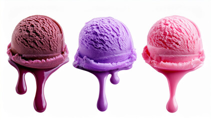 Description (200 characters):
Three colorful scoops of melting ice cream in pink, purple, and berry tones isolated on white background. Tasty and vibrant summer dessert concept for sweets, food stylin