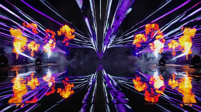 Loopable symmetrical EDM stage with purple laser beams and orange flame bursts reflecting on glossy floor, futuristic concert background for music visualizers and event effects