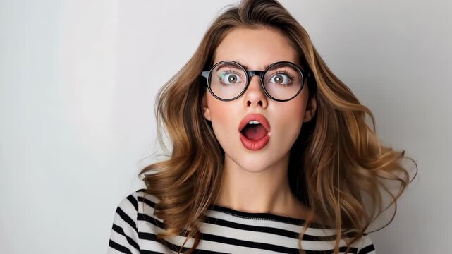 Astonished Gaze: A captivating portrait of a woman, her eyes wide with surprise behind stylish glasses, her mouth open in astonishment, capturing the pure, unfiltered reaction of awe.
