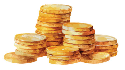 Elegant Stacks of Watercolor Golden Coins on White Background