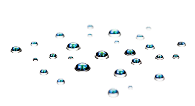 Glossy water drops cluster on a black surface, reflecting sky blue