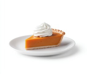A slice of pumpkin pie with whipped cream sits on a small white plate against a stark white background, showcasing its vibrant orange hue and flaky crust