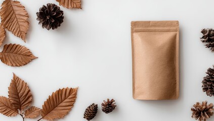 Kraft paper pouch on white background, surrounded by autumn leaves and pine cones; flat lay product mockup