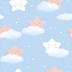 Fototapeta premium Dreamy star pattern with pastel colors. Smiling stars floating on clouds, perfect for baby or nursery decor.