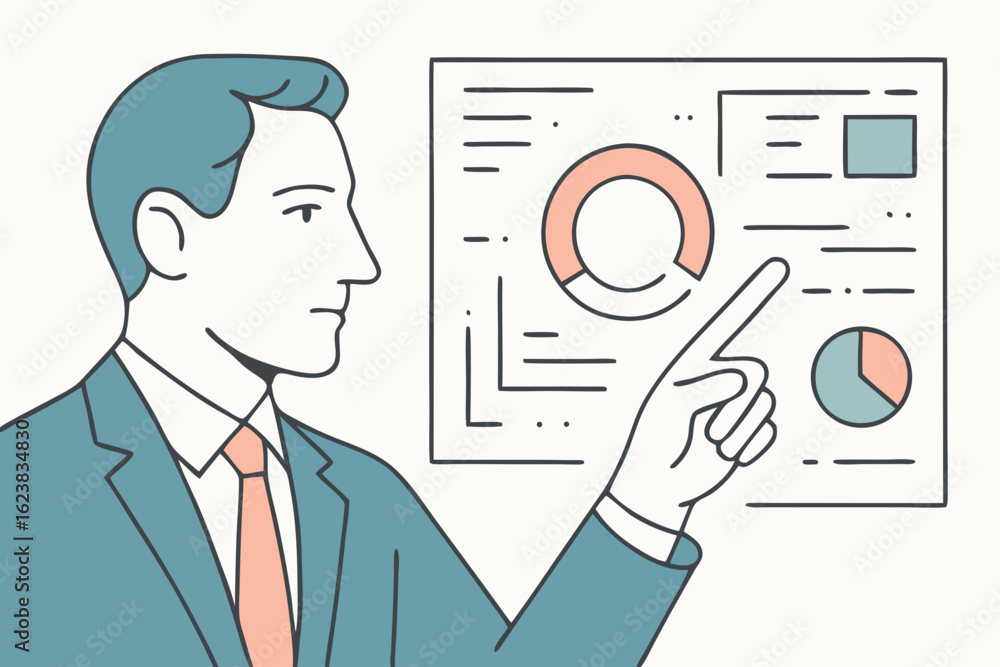 Aufkleber line art vector illustration of a businessman analyzing charts and data on a virtual interface with 