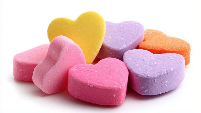 Flat lay of blank pastel candy hearts scattered on a clean white background &mdash; perfect for Valentine&rsquo;s Day designs or customizable messages.

