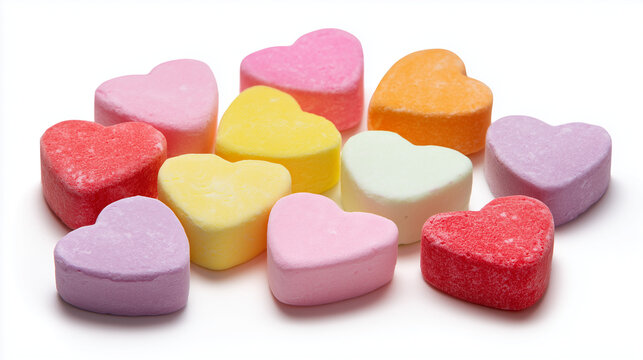 Minimalist composition featuring heart-shaped Valentine candies without text, styled on a white backdrop for creative or romantic use.

