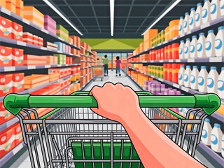 Shopping Cart POV in Supermarket Aisle Featuring Groceries and Customers for Retail Concepts and Consumerism