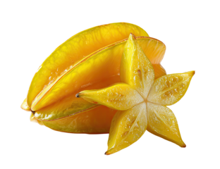 Close-up of star fruit, slices, yellow, vibrant, exotic, tropical fruit, isolated