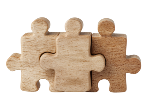 Three light beige wooden puzzle pieces, shaped like people, fitting together - Powered by Adobe