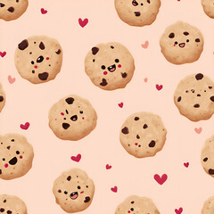 Seamless pattern of chocolate chip cookies with cute faces and little hearts on a light pink background.