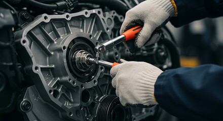 A close-up, ultra-realistic photo of a maintenance technician's hands skillfully using a specialized tool to tighten a bolt on a complex engine or machine. 