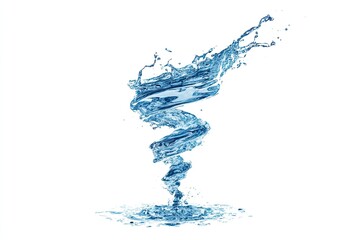A swirling, spiraling column of translucent blue water, rising from a small pool and splashing outward at the top, set against a stark white background