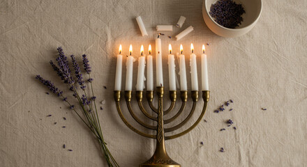 Hanukkah Menorah with Burning Candles and Lavender Decoration.