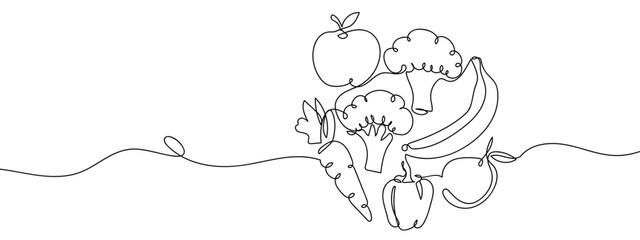Simple hand drawn continuous vector line drawing of various vegetables and fruits on transparent background. stroke editable