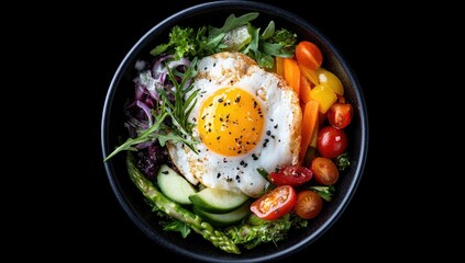 A vibrant, healthy bowl features a fried egg centered atop an assortment of colorful vegetables, including cherry tomatoes, sliced carrots, asparagus, and leafy greens
