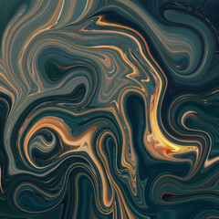 Dark green and amber abstract swirls flow in a hypnotic pattern, creating a surreal visual ideal for abstract and texture-focused design projects. Abstract, Texture, Dark, Swirl, Surreal.