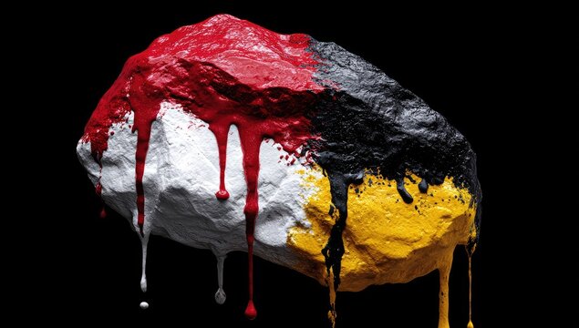 A rough, irregular rock is coated in thick, dripping paint; red, white, black, and yellow hues dominate, creating a striking contrast against a pure black background