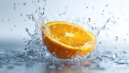 A vibrant orange half submerged in water, creating a dynamic splash with droplets suspended in mid-air against a soft, light background