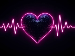 A glowing neon heart pulses with a heartbeat line, symbolizing love and vitality in a dark background.