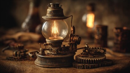 A rustic, metallic lantern with a glowing glass globe sits on a burlap surface among other aged, mechanical components, creating a dimly lit, steampunk aesthetic