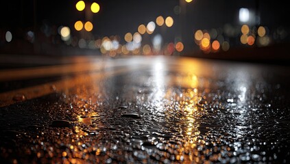 Wet asphalt reflects blurred city lights at night; raindrops gleam, creating a glistening, textured surface