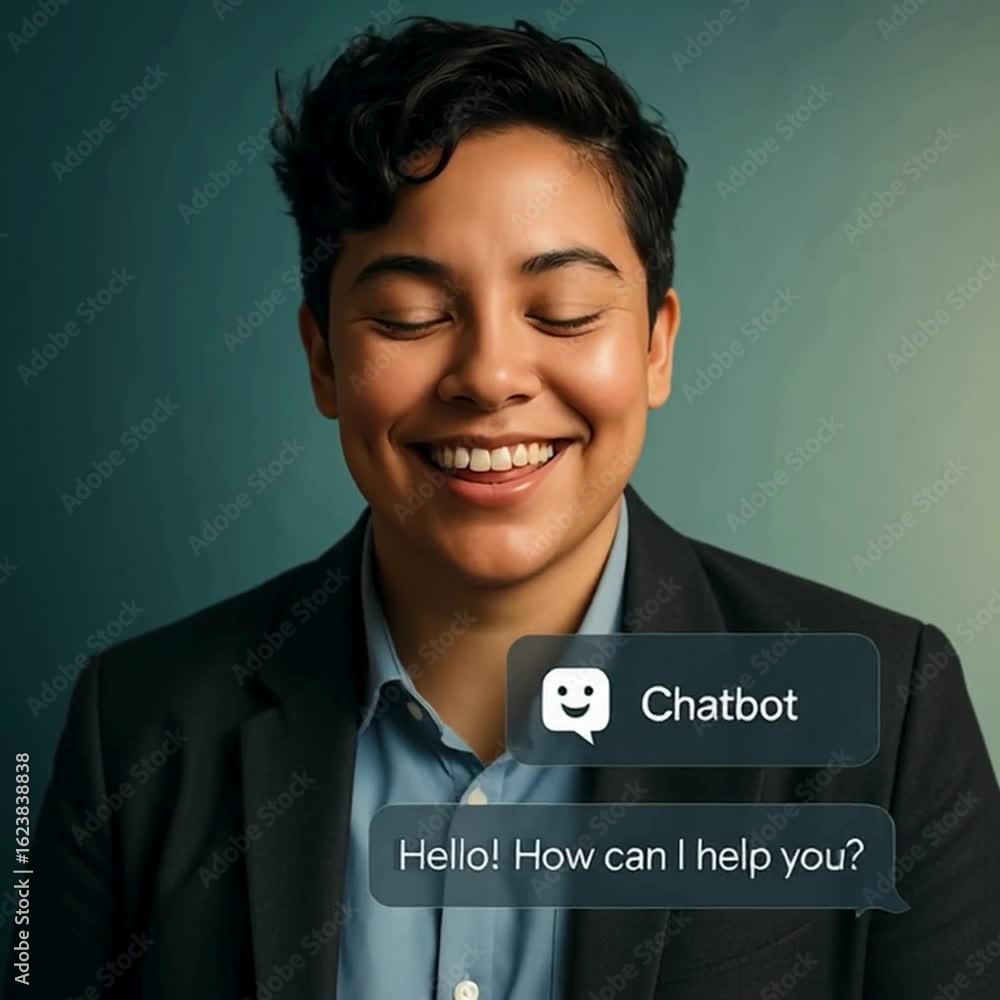 Poster a person finds digital support from virtual assistance, as they smile and interact. the image portra
