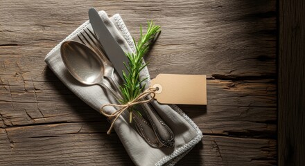 Rustic Table Setting: Silverware, Rosemary, and Blank Tag on Wood