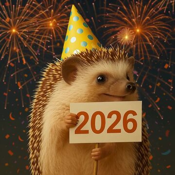 An adorable hedgehog is poised to welcome the New Year, proudly displaying a sign marking the year 2026, set against a backdrop of dazzling fireworks.