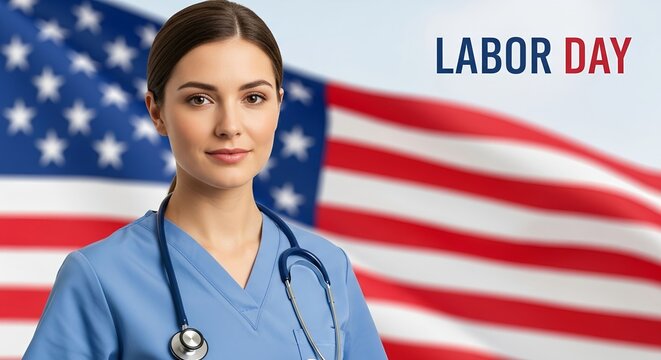 A nurse in scrubs with a stethoscope and american flag labor day text