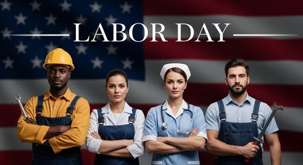 Labor day celebration with diverse workers in front of american flag