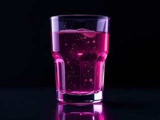 A glass filled with sparkling pink drink stands on a reflective surface against a black backdrop.