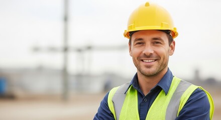 Smiling construction worker wearing a hard hat and safety vest outdoors