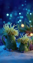 Two whimsical sea anemone-like sculptures, resembling ceramic jugs, sit on a sandy base under a dark blue, bokeh-filled sky, evoking an underwater scene