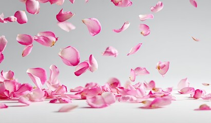 Pink rose petals falling against a light grey backdrop, some in mid-air, others scattered on a surface.  A soft, romantic image