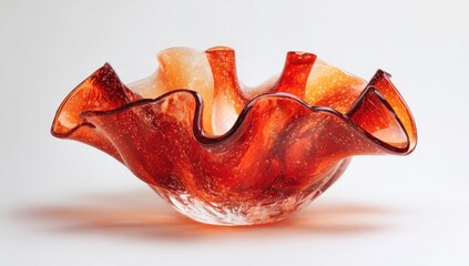 A ruffled, translucent glass bowl in amber and white, displaying swirling, mottled coloration and a gently undulating rim