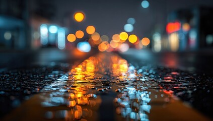Wet asphalt reflects blurred city lights at night, creating vibrant, colorful bokeh. Rain droplets distort the reflections