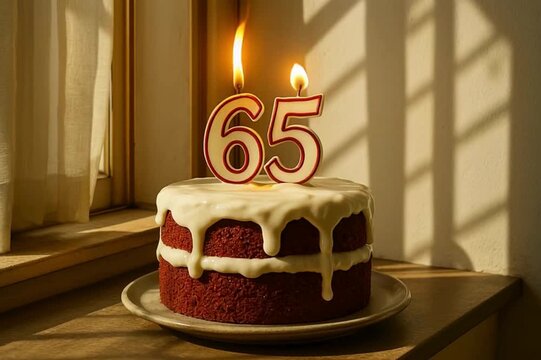 A close-up shot of a festive, frosted cake on a plate, two candles ablaze with a soft, warm glow in the form of the number 65 casting intriguing, 65th birthday cake