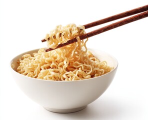 A bowl of light-yellow instant noodles is partially filled, with chopsticks lifting a portion from the top