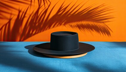 A black fedora rests on a light wood base atop a teal surface, backlit by an orange wall and palm frond shadow