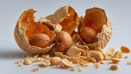 Cracked peanut shells reveal roasted peanuts and scattered fragments against a plain backdrop